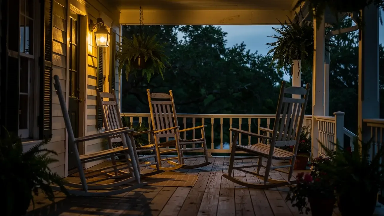 A covered front porch at dusk with the porch lamp lit