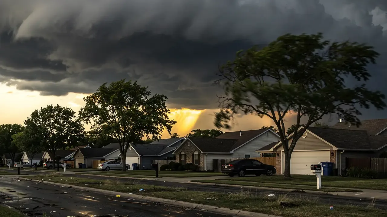 Storm clouds building over a suburban neighbourhood of rooftops and trees